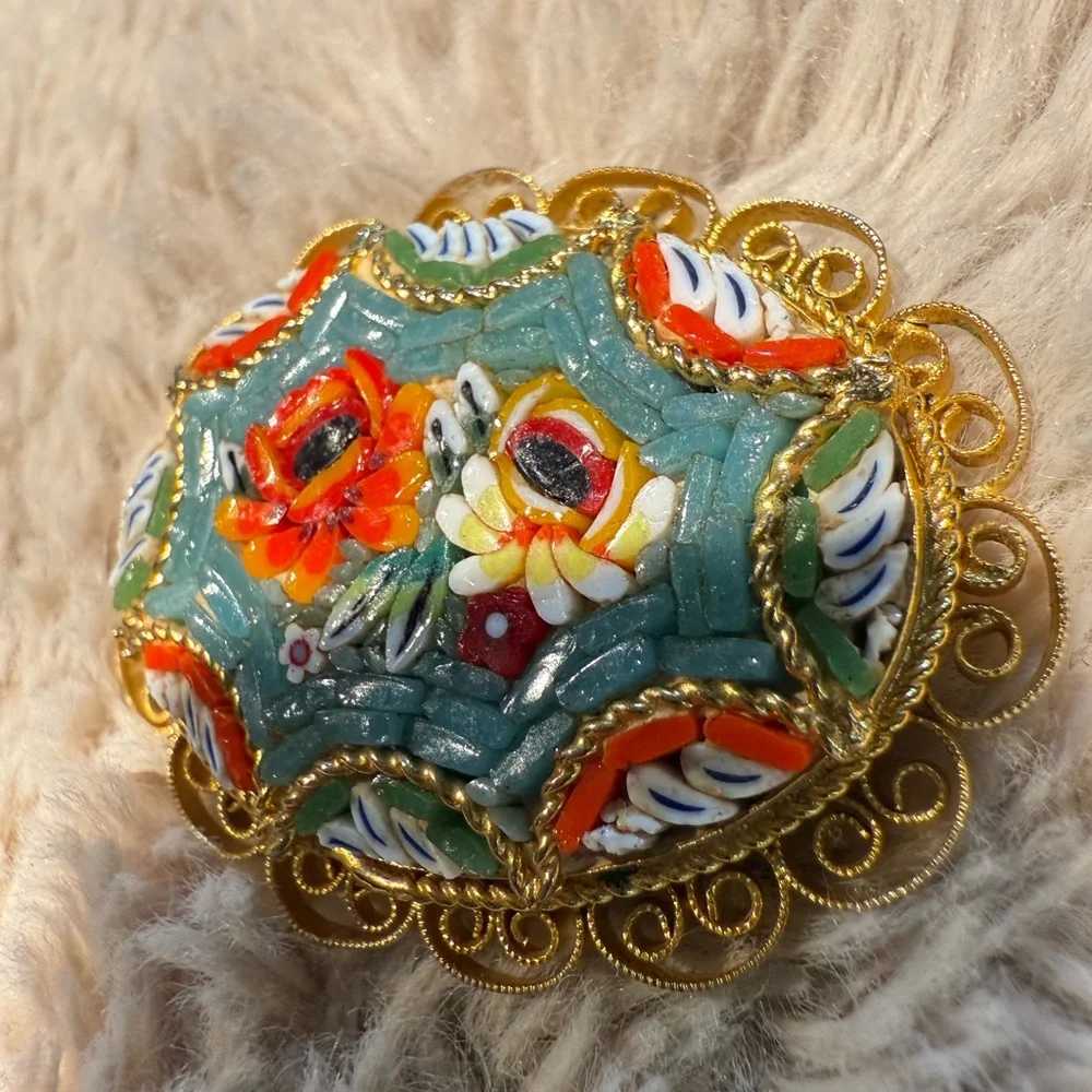 Vintage Gold Micromosaic‎ Micro Mosaic Flower Design Brooch Pin